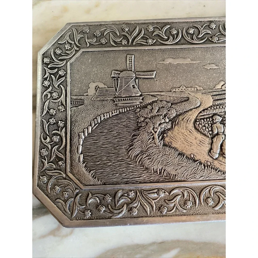 Metal Plaque Silver Dutch Landscape Windmill Tulip Field Embossed Art